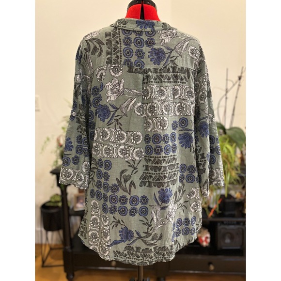 Made in Italy green floral Print 3/4 Sleeve Linen  button up blouse XL women's - Picture 6 of 12